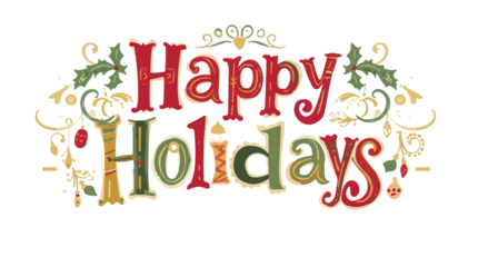  illustration of a whimsical holiday template featuring a happy font style with bold and curly lettering, vibrant colors, and ornate decoration with png transparent