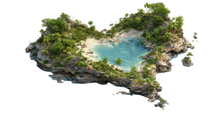 tropical island lagoon watercolor illustration with turquoise water rocky shore greenery isolated on white background