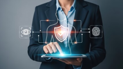 Sophisticated digital security interface featuring glowing white line art icons representing biometric identification methods like facial recognition, fingerprint scanning, and a shield with a