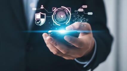 A sharply focused, modern smartphone with a glowing blue screen displaying a complex circular interface of interconnected nodes and lines, held in a professional&rsquo;s hand wearing a dark suit, overlaid