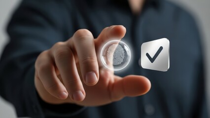 A sharply focused, realistically rendered human hand in a dark suit is actively pressing against a glowing circular fingerprint scan interface alongside a luminous white square containing a dark teal