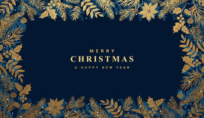 A luxurious blue Christmas background with a pattern of golden fir tree branches, holly, poinsettia, berries. Winter vector template for advertising, invitation, greeting card, packaging, menu