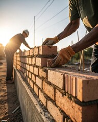 Construction achievement hands placing final brick on wall warm sunlight photorealistic scene