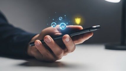 A professionally lit, close-up photograph showcases a human hand gently holding a sleek, modern black smartphone, with vibrant, glowing digital icons representing security features&mdash;including a shield