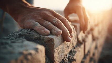 Hands placing final brick on wall symbolic completion warm sunlight photorealistic texture construction site