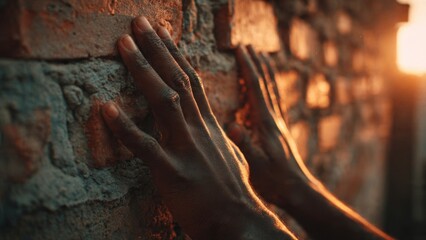 Hands placing final brick on wall at sunset symbolizing completion in a photorealistic environment