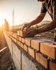 Construction milestone hands placing final brick on wall in warm sunset glow photorealistic texture construction site