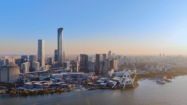 Aerial view of the skyline of the Ferris wheel along Jinji Lake in Suzhou, Jiangsu Province, China.