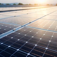 Industrial action of solar cells reflecting daylight in clean energy environment at sunrise