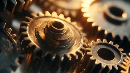Cinematic macro shot of gears and metal parts symbolizing teamwork and innovation warm lighting industrial setting