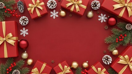 Red Christmas background with gift boxes, ornaments and pine branches forming festive border with copy space

