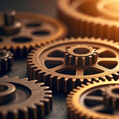 Cinematic macro shot of gears and metal parts symbolizing teamwork and innovation with warm light