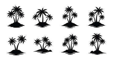 Naklejka premium Tropical island silhouettes featuring palm trees and surrounding water bodies