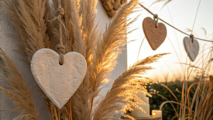 Valentine Boho Theme. natural boho Valentine setup featuring pampas grass and heart decorations creates warm and romantic atmosphere