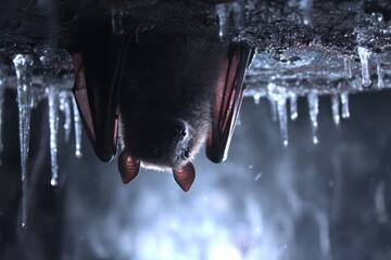 A photorealistic bat hanging inverted inside a dark cave