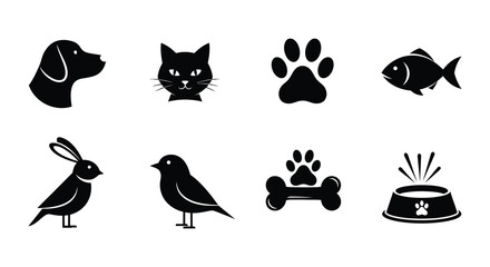 Fototapeta premium Simple black silhouettes of common pets and associated items displayed together