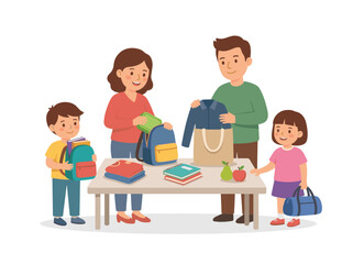 Family Preparing Backpacks for School Children.