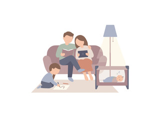Family Reading Together on Sofa at Home.