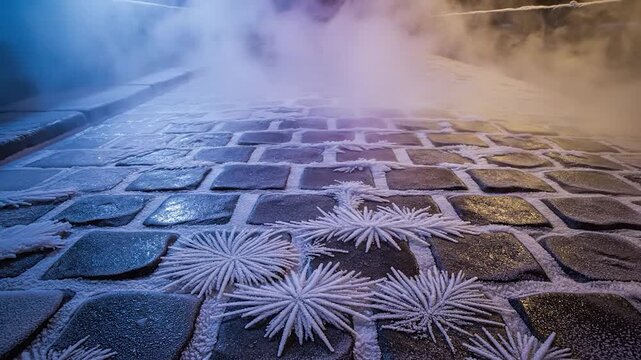 Frozen ground with ice formations on cobblestone road