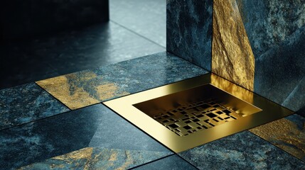 A Gold Trimmed Drain Being Installed on Terrazzo Tiles