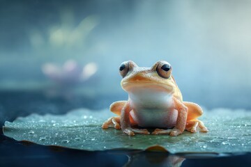 A photorealistic frog sitting on a lilypad in water