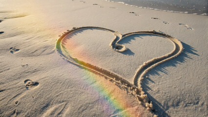 Lgbtq Romantic Theme. heart shape drawn in sand on beach, with subtle rainbow appearing nearby, evokes romantic and serene atmosphere