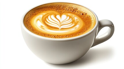 White cup latte coffee with heart latte art, milk foam decorated beverage material, for coffee brand and food promotion