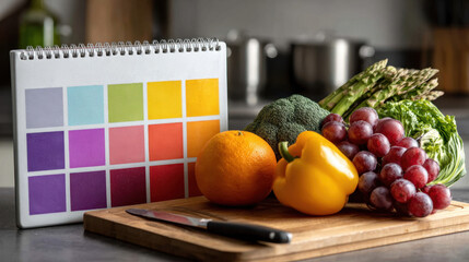 Colorful weekly meal planner with fresh produce on kitchen counter
