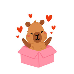 Obraz premium Cute Valentines Day capybara clipart set with heart balloons, romantic letters, capybara in box, kawaii animals with hearts, love messages, adorable characters for cards, stickers and print