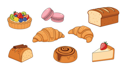 A delicious assortment of freshly baked goods, including croissants, bread, cheesecake, macarons, and a cinnamon roll. This sweet bakery food vector illustration set is isolated on a white background.