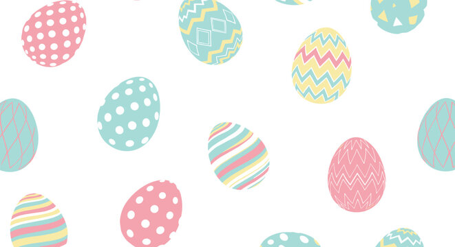 A festive and cheerful seamless pattern of colorful decorated Easter eggs in soft pastel shades on a white background. This cute spring holiday vector illustration is perfect for wrapping paper.