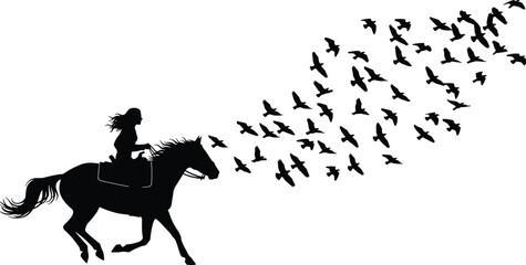 Girl riding horse silhouette with flying birds, freedom, motion and harmony, equestrian lifestyle, nature inspiration illustration black white concept