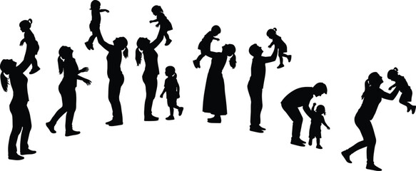 Happy Family Silhouette Collection Showing Parents Lifting and Playing with Children Representing Love, Care, Bonding, and Joyful Parenting Moments