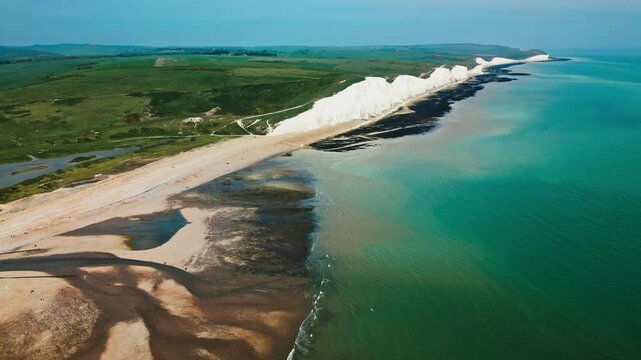 Aerial view over the famous white cliffs of The Seven Sisters Dover, south England.