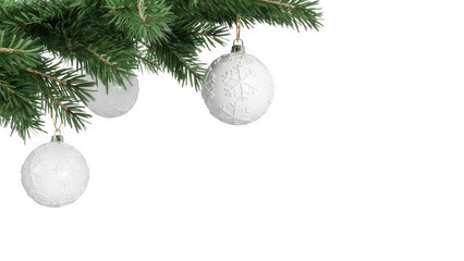 Elegant white oval ornaments adorn a dark christmas tree branch