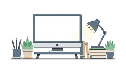 Minimalist workspace with computer monitor, lamp, and plants