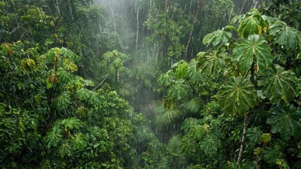 Lush Green Forest Canopy Under Heavy Rain Shower With Visible Water Droplets Falling