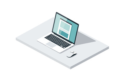 Modern isometric laptop workspace on minimalist desk with mouse and open browser