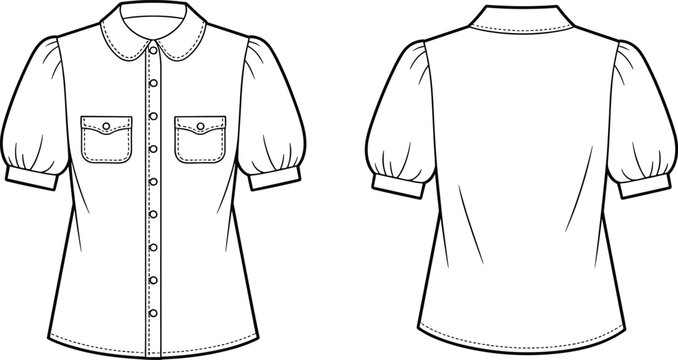 Front and Back View of a White Short Sleeve Blouse with Peter Pan Collar and Pockets Keywords: blouse, shirt, clothing, apparel