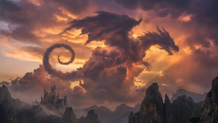Majestic Dragon Silhouette Emerging From Fiery Sunset Clouds Over Misty Mountain Peaks and Ancient Castle Ruins
