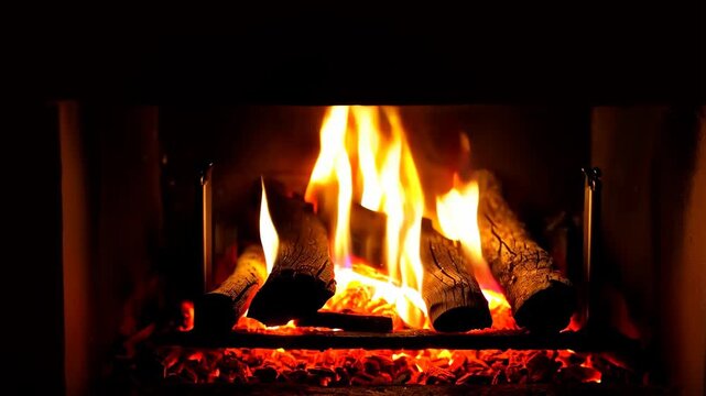 Flickering flames illuminate stacked logs in a warm fireplace, creating a cozy and inviting atmosphere. the glowing embers and soft lighting evoke feelings of relaxation and tranquility, perfect for a