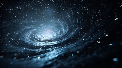 Abstract representation of a swirling blue galaxy or vortex in deep space with glowing stars and particles