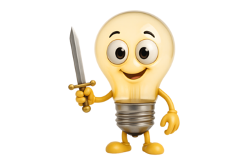 Smiling Light Bulb Mascot Warrior Isolated on a Transparent Background