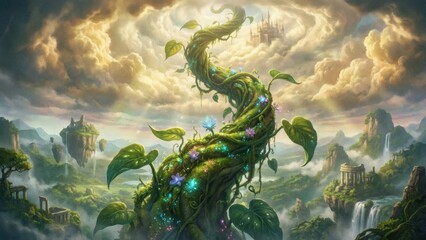 Magical Giant Bean Sprout Reaching Skyward Amidst Floating Islands And Fantasy Castle In Golden Hour Lighting