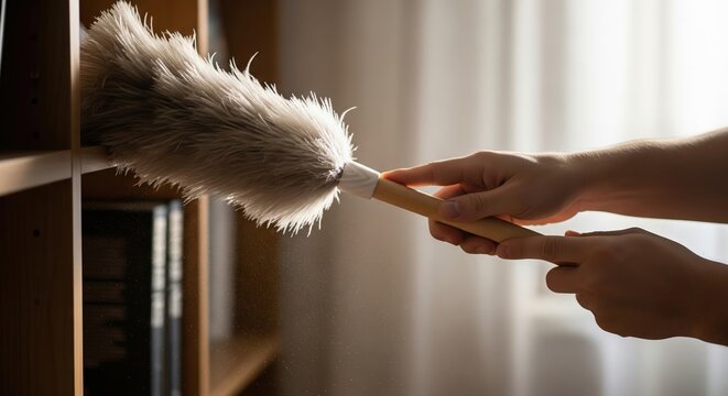 Dusting Shelves with a Feather Duster in a Bright Minimalist Room