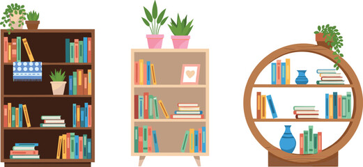 Home bookshelf furniture illustration set with modern bookcases and plants, cozy interior vector collection for home decor, library and living room design