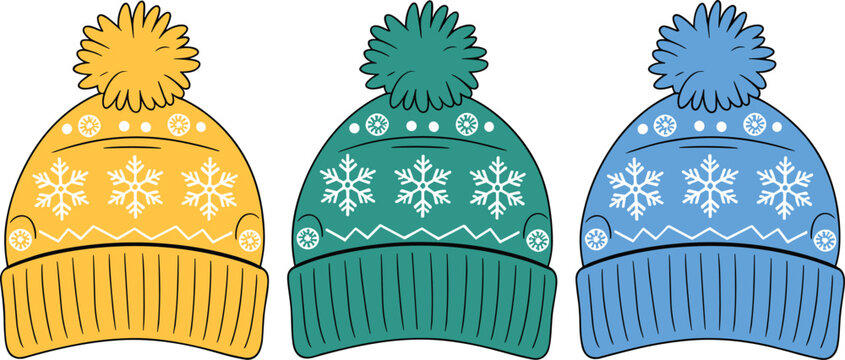 Three Colorful Winter Beanies with Snowflakes and Pom Poms on White Keywords: hat, beanie, winter hat, bobble hat, pom pom, knit
