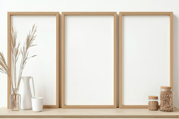 Minimal wooden frame mockup with three blank posters on shelf, styled with neutral decor elements and natural materials, ideal for branding presentation, gallery wall design, interior styling