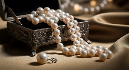 Elegant Pearl Necklace Cascading from Ornate Jewelry Box.