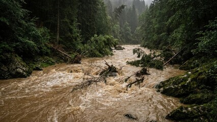 Muddy Forest River Raging Amidst Heavy Rainfall and Fallen Branches
